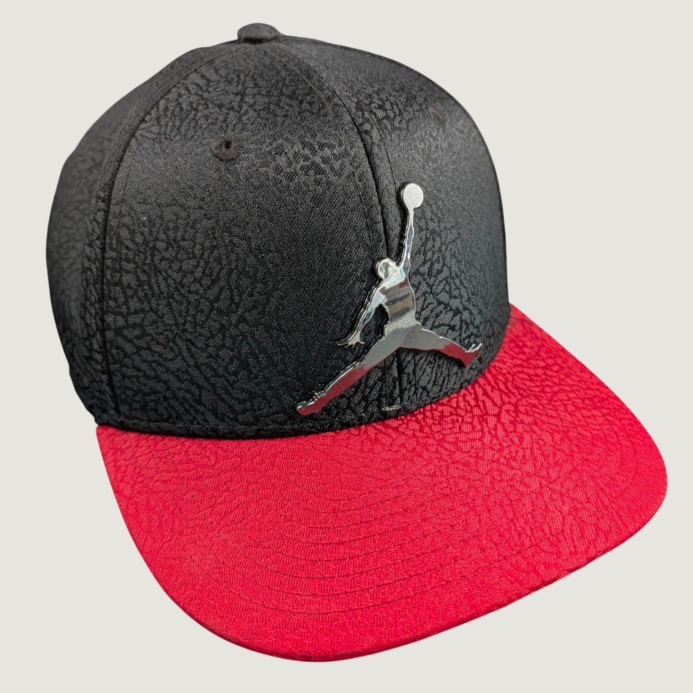 Jordan Youth Snapback Hat Black Red Elephant Print Metal Jumpman Logo Cap